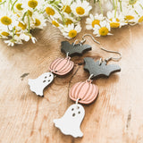 Spooky Cute Wooden Halloween Earrings – Bat, Pumpkin & Ghost