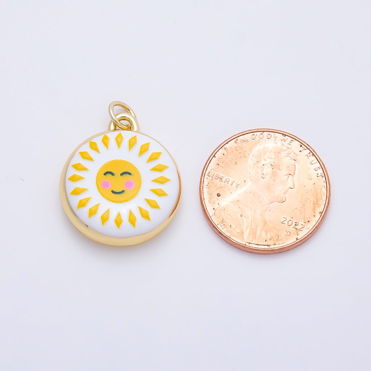 16K Gold Filled 20mm Happy Smiley Face Celestial Sun Enamel Round Charm | Charms-01242