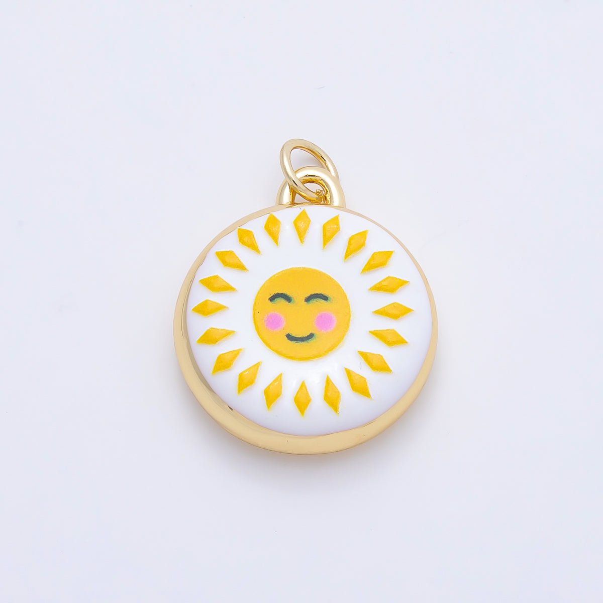 16K Gold Filled 20mm Happy Smiley Face Celestial Sun Enamel Round Charm | Charms-01242