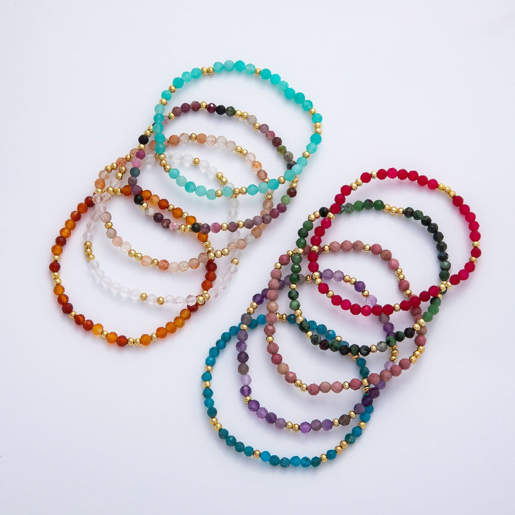 18K Gold Filled 4.1mm White, Fuchsia, Green Gemstone Handmade Beaded Bracelet | WA-3451 - WA-3457