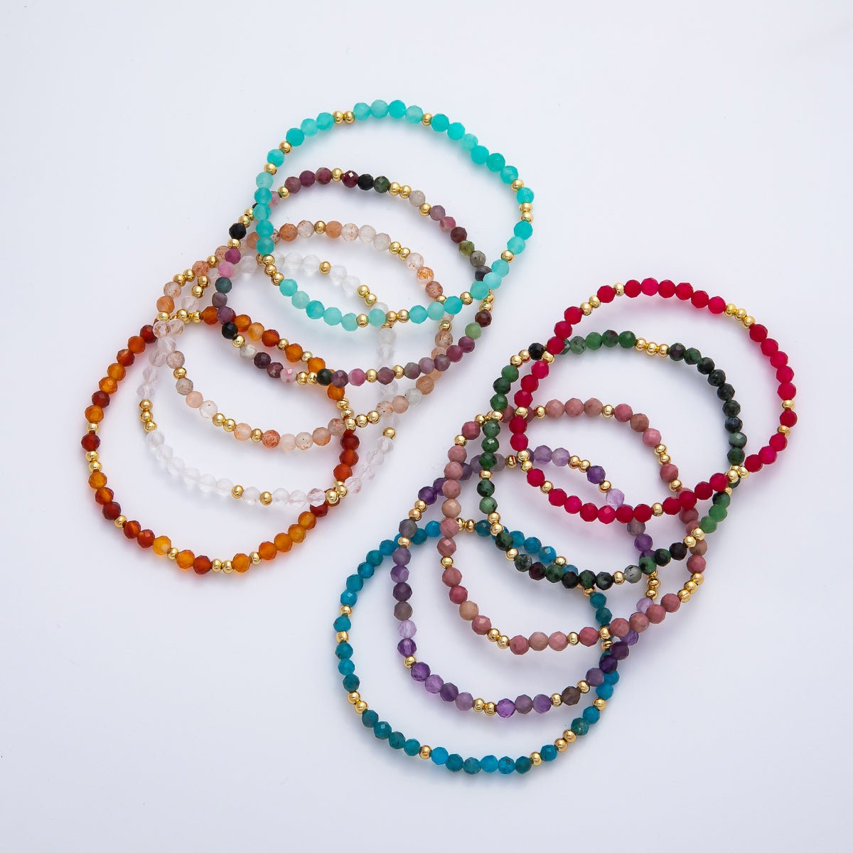 18K Gold Filled 4.1mm White, Fuchsia, Green Gemstone Handmade Beaded Bracelet | WA-3451 - WA-3457