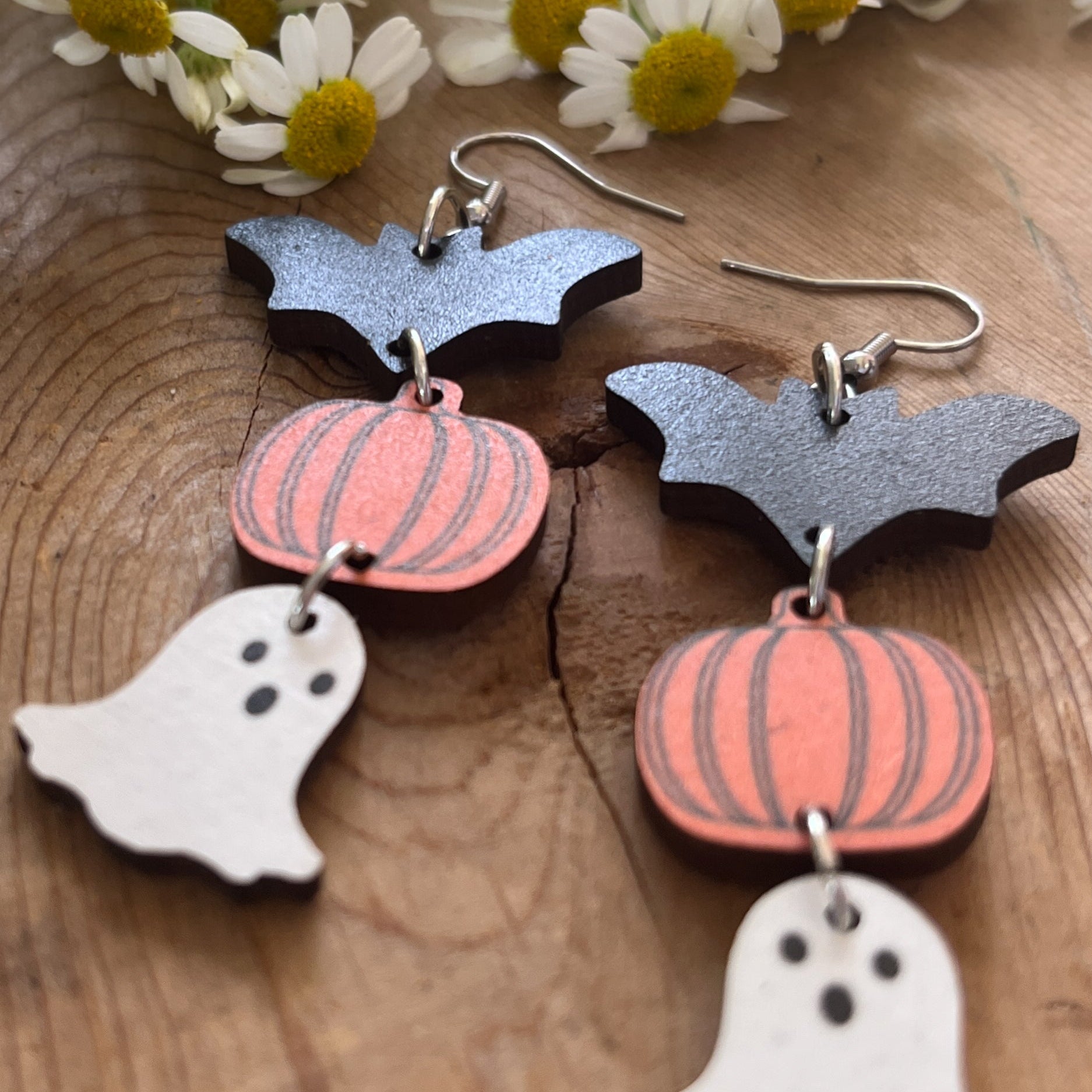 Spooky Cute Wooden Halloween Earrings – Bat, Pumpkin & Ghost