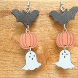Spooky Cute Wooden Halloween Earrings – Bat, Pumpkin & Ghost
