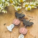 Spooky Cute Wooden Halloween Earrings – Bat, Pumpkin & Ghost