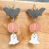 Spooky Cute Wooden Halloween Earrings – Bat, Pumpkin & Ghost