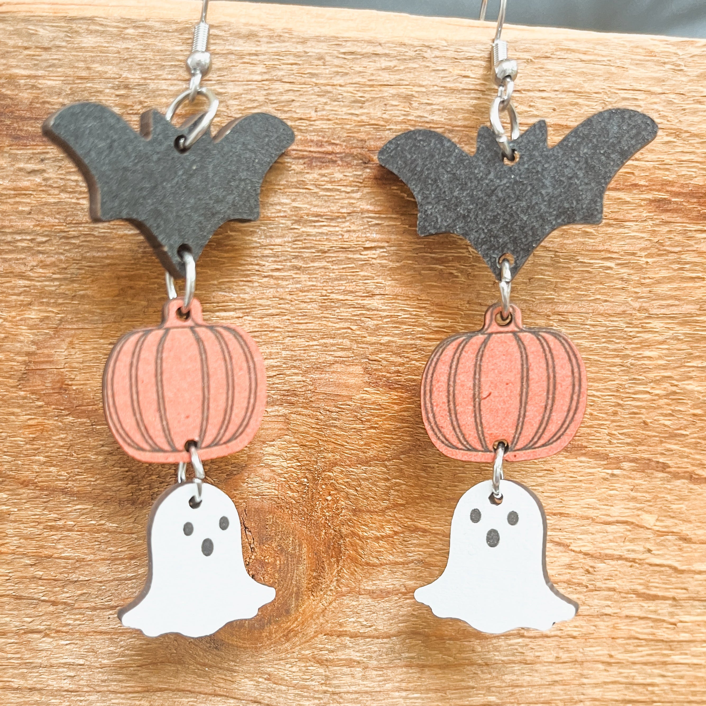 Spooky Cute Wooden Halloween Earrings – Bat, Pumpkin & Ghost
