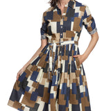 Mrs Maisel Geometric Shirtwaist Dress – Chocolate & Blue Squares