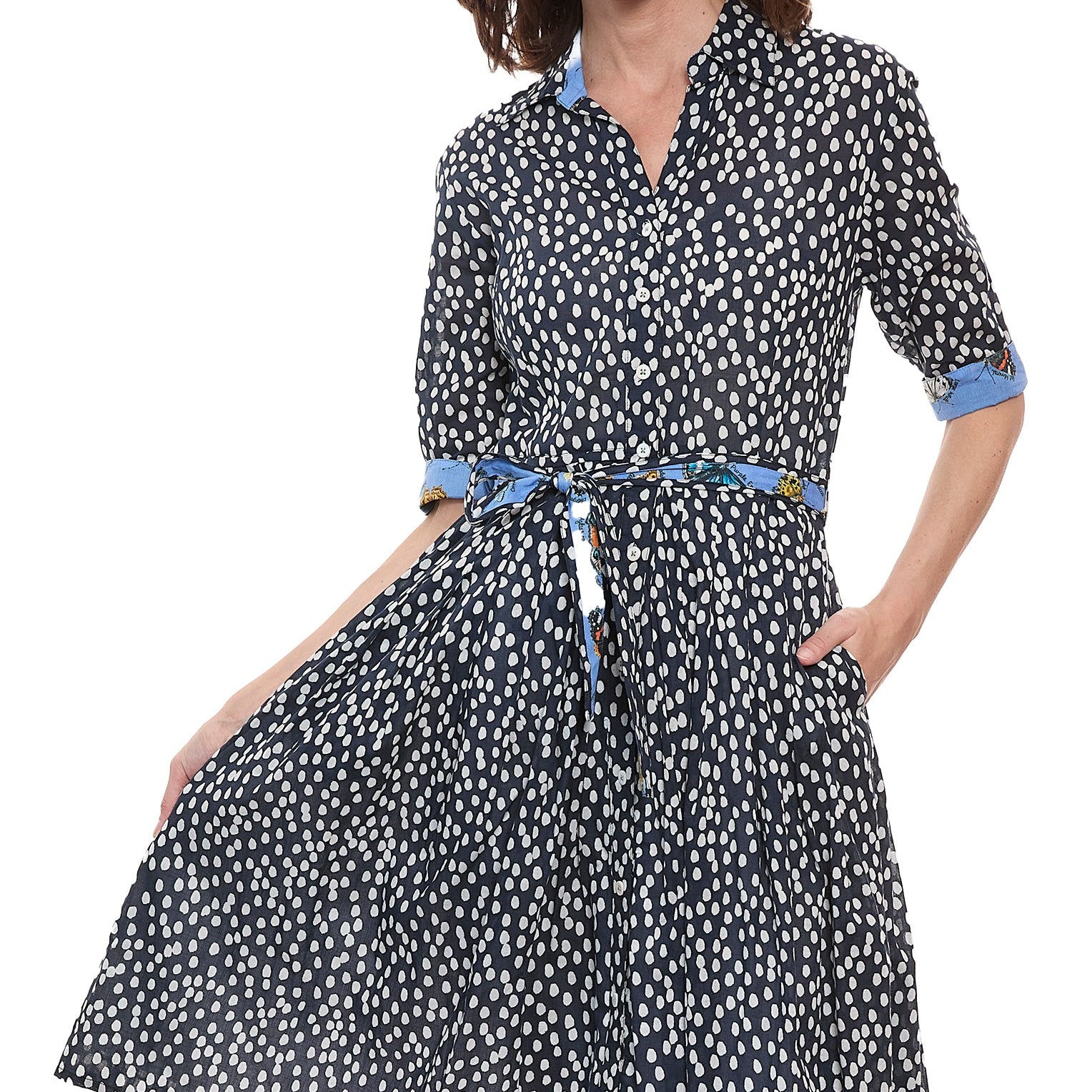 Mrs Maisel Dress Navy White Polka Dot Print Cotton Voile