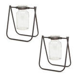 Hanging Glass Jar Vases with Rustic Metal Stands – Set of 2