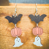 Spooky Cute Wooden Halloween Earrings – Bat, Pumpkin & Ghost