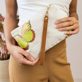 Embroidered Butterfly Linen Wristlet Purse – Handmade Floral Clutch