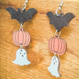 Spooky Cute Wooden Halloween Earrings – Bat, Pumpkin & Ghost