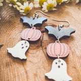 Spooky Cute Wooden Halloween Earrings – Bat, Pumpkin & Ghost
