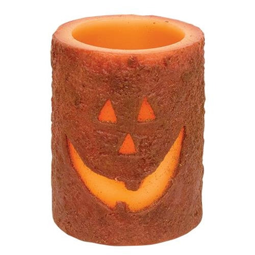 Jack-O'-Lantern LED Timer Pillar Candle | 4" Rustic Halloween Decor