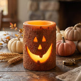 Jack-O'-Lantern LED Timer Pillar Candle | 4" Rustic Halloween Decor