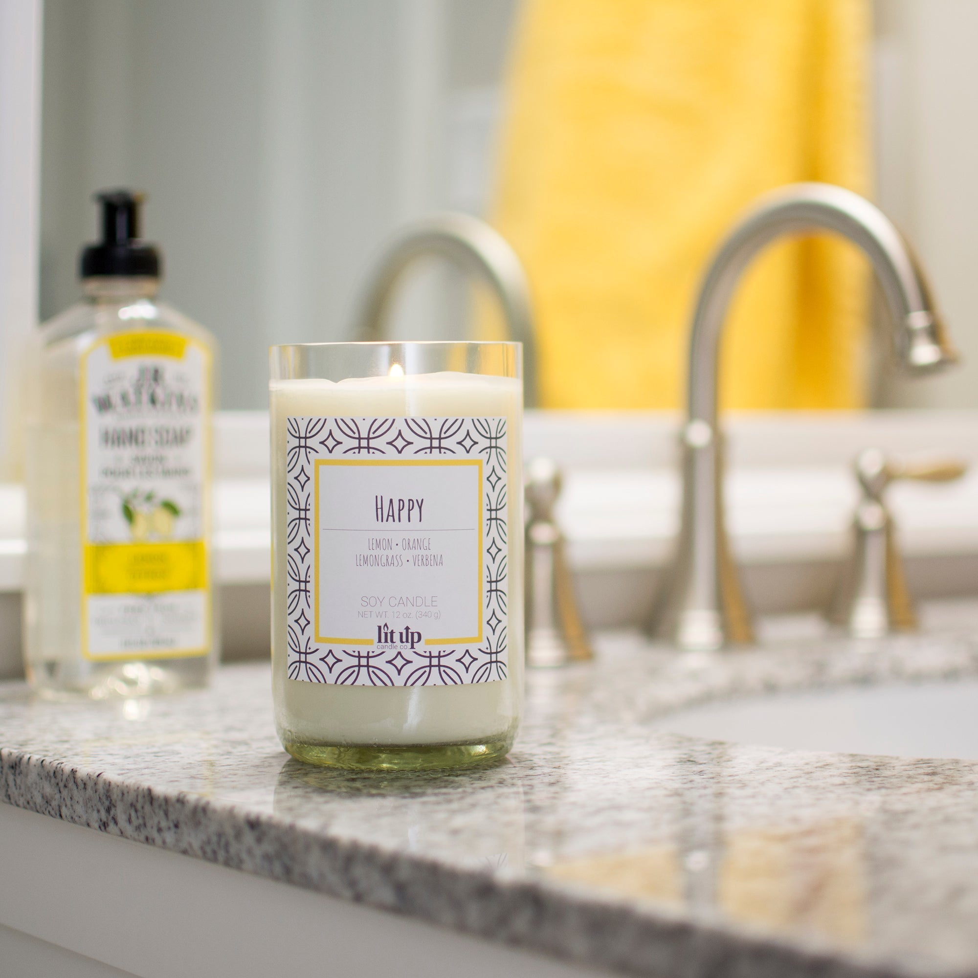 Happy 12 oz. soy candle in upcycled wine bottle | Lemon, Lemongrass, Verbena