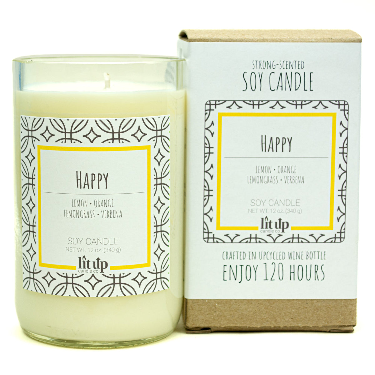Happy 12 oz. soy candle in upcycled wine bottle | Lemon, Lemongrass, Verbena