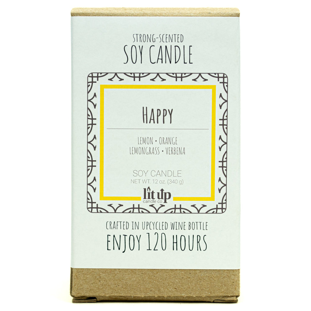 Happy 12 oz. soy candle in upcycled wine bottle | Lemon, Lemongrass, Verbena