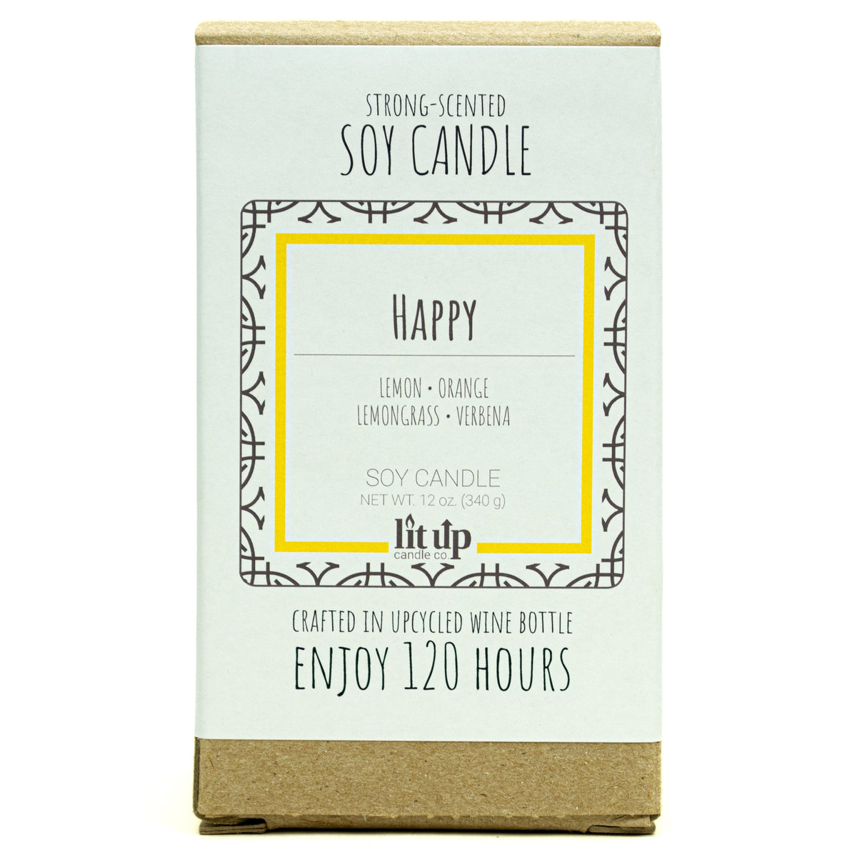 Happy 12 oz. soy candle in upcycled wine bottle | Lemon, Lemongrass, Verbena