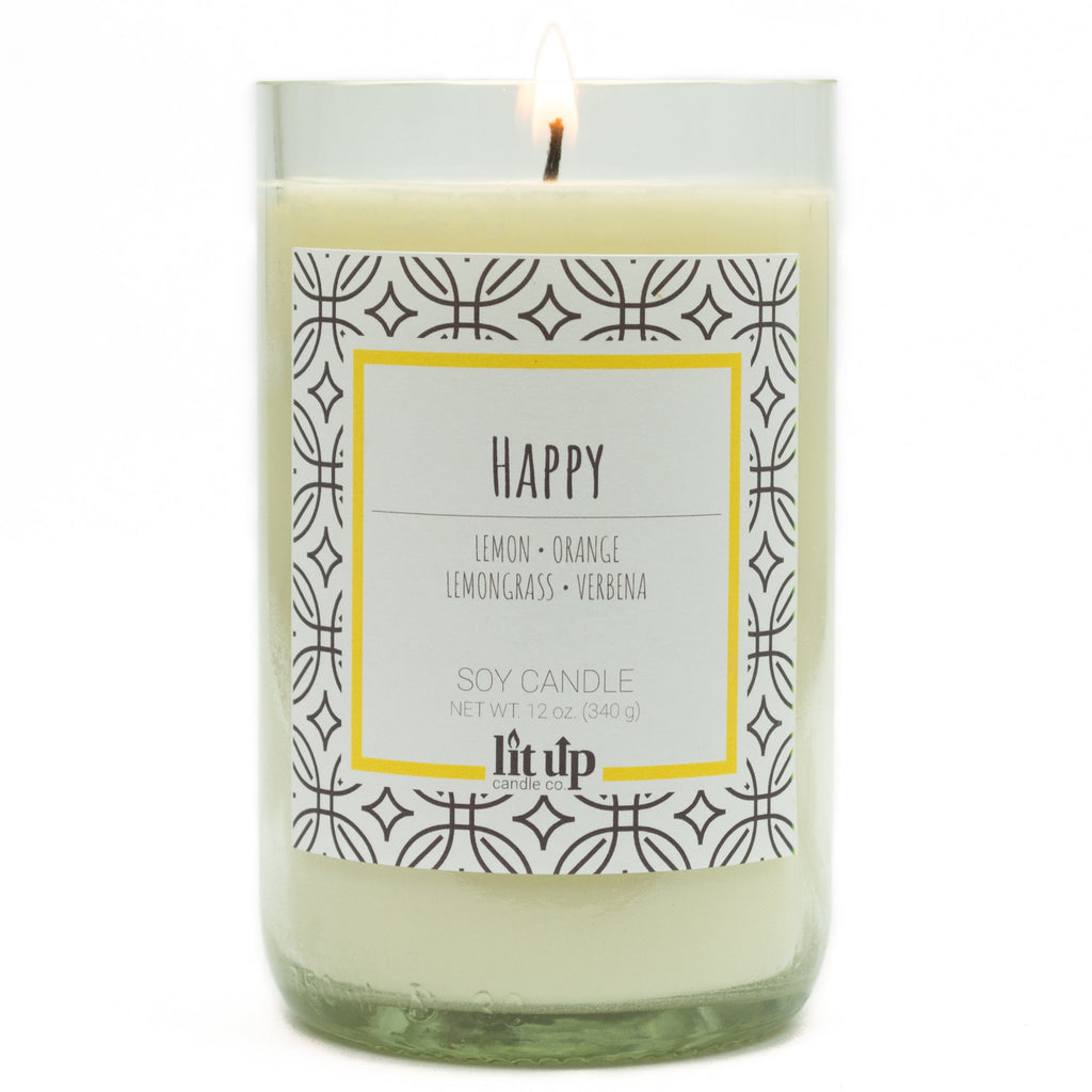 Happy 12 oz. soy candle in upcycled wine bottle | Lemon, Lemongrass, Verbena