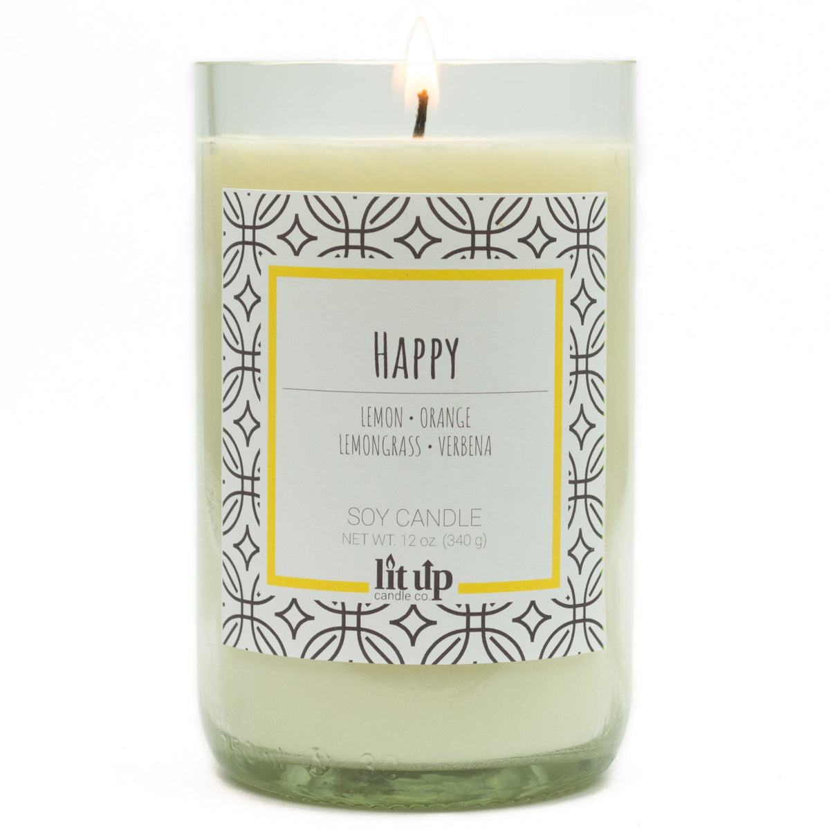 Happy 12 oz. soy candle in upcycled wine bottle | Lemon, Lemongrass, Verbena