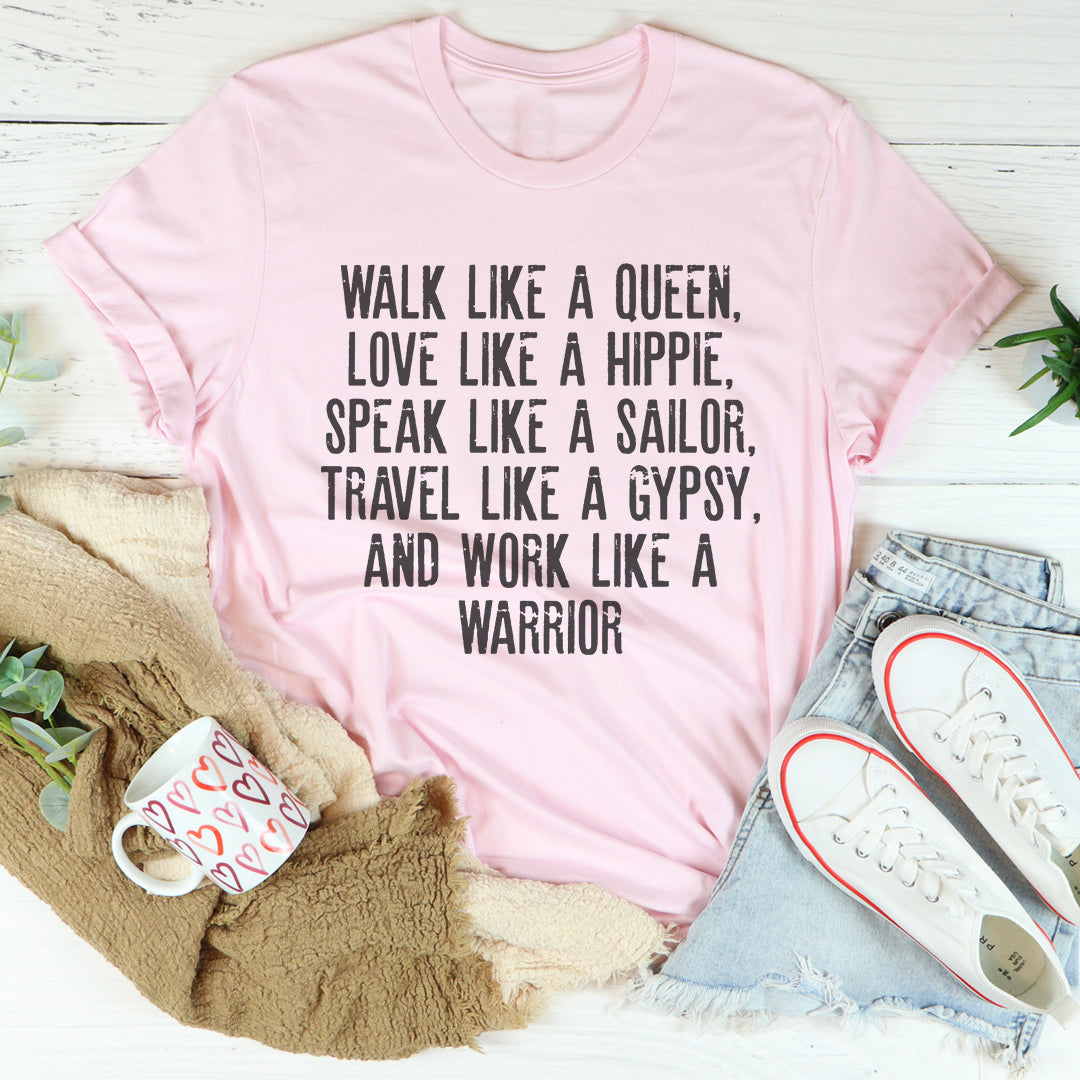 Empowering Boho Graphic Tee – \"WALK LIKE A QUEEN, LOVE LIKE A HIPPIE\"