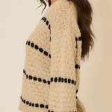 Cozy Dotted Stripe Balloon Sleeve Sweater – Oatmeal & Black