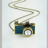 Vintage Camera Necklace in Teal | Antique Brass Long Chain