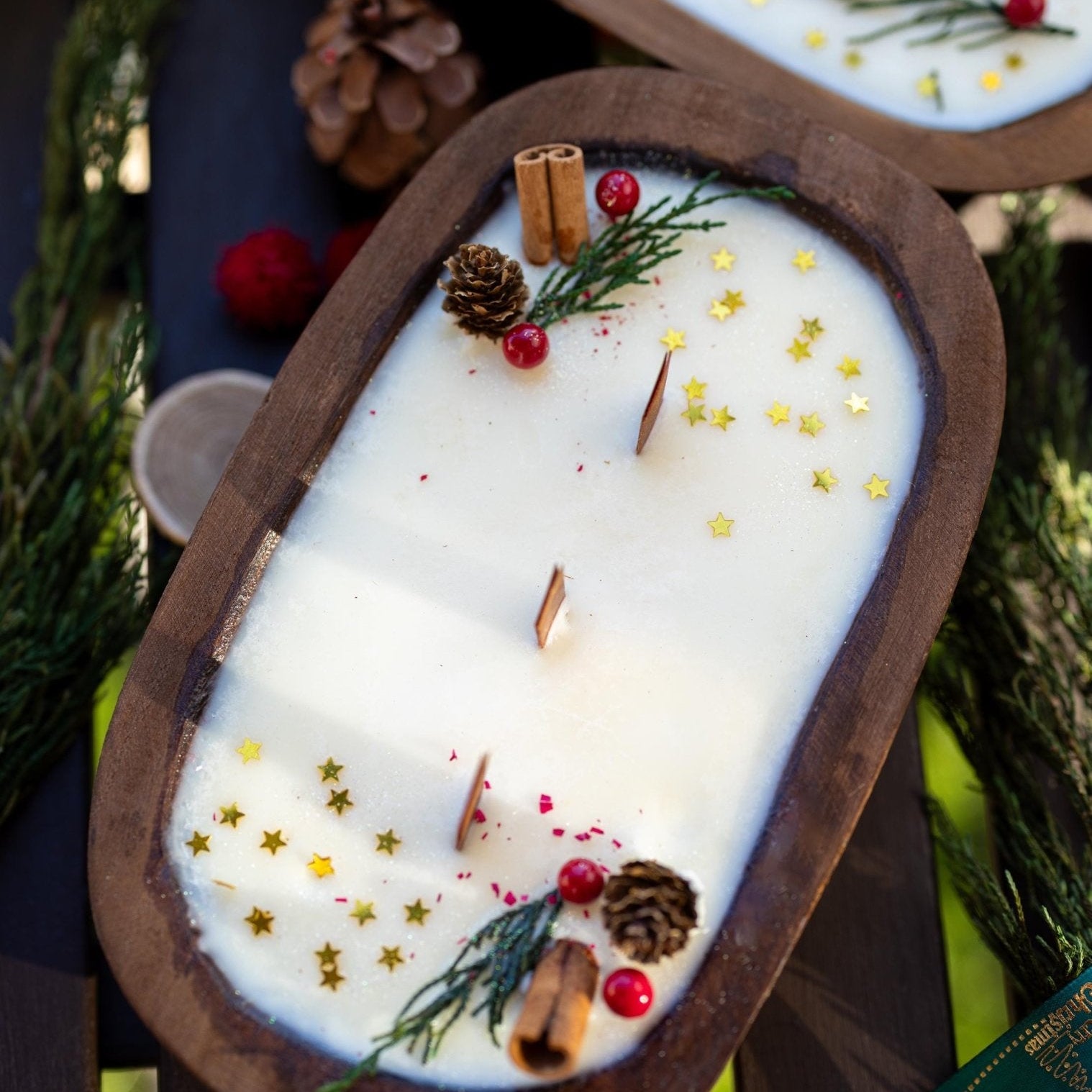 Handcrafted Christmas Wooden Dough Bowl Candle - Farmhouse Decor, Soy Wax Scented