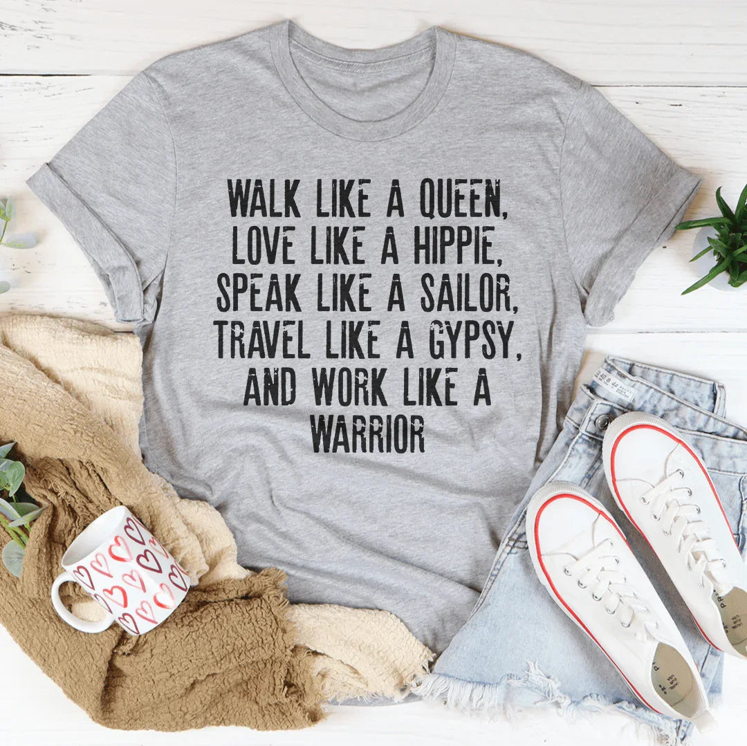 Empowering Boho Graphic Tee – \"WALK LIKE A QUEEN, LOVE LIKE A HIPPIE\"