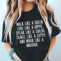Empowering Boho Graphic Tee – \"WALK LIKE A QUEEN, LOVE LIKE A HIPPIE\"