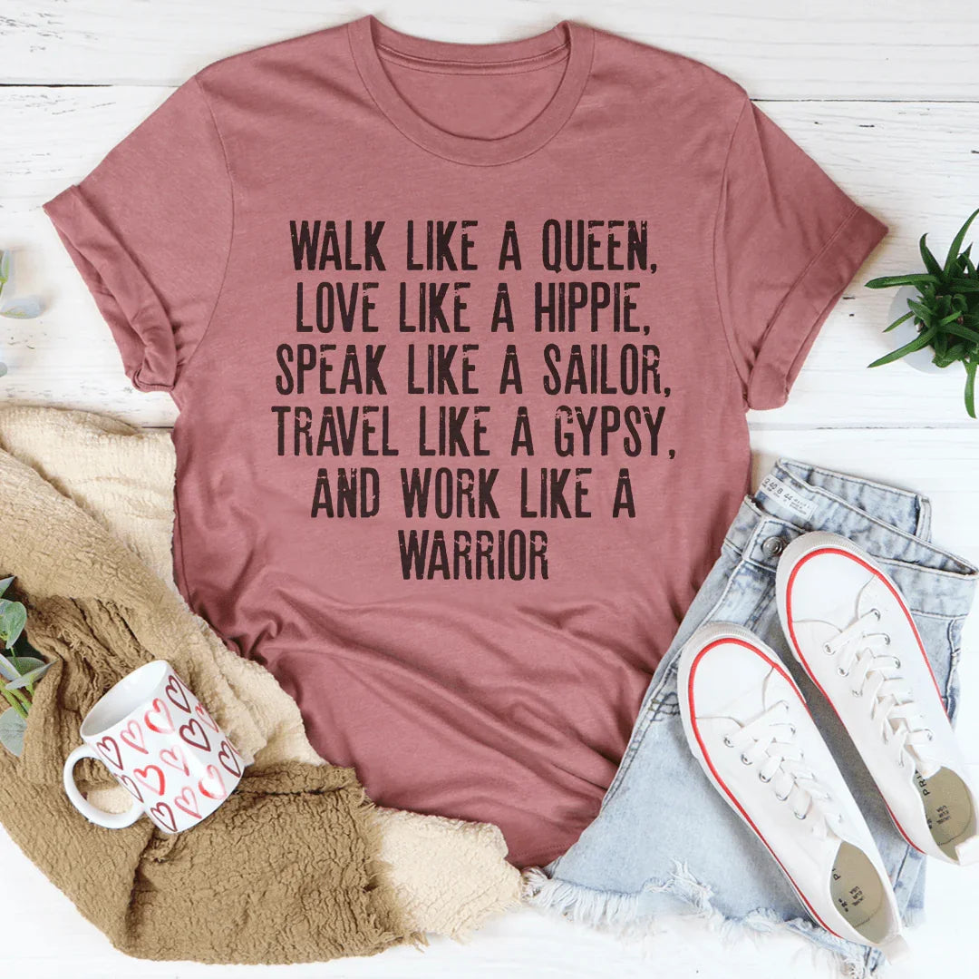 Empowering Boho Graphic Tee – \"WALK LIKE A QUEEN, LOVE LIKE A HIPPIE\"